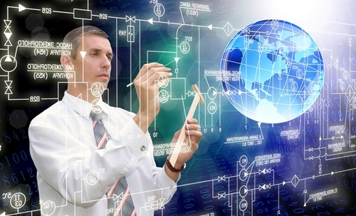 Man working on Blockchain technology on an invisible digital screen